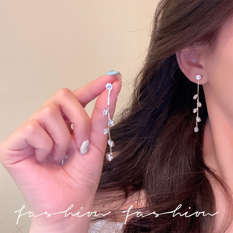 Korean micro-inlaid zircon style trendy earrings, long tassels, cold style, slimming face, simple earrings, stud earrings for women details Picture