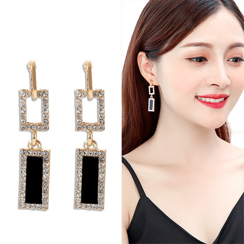New silver needle geometric double-layer ear buckle trendy accessories, exquisite design, unique diamond-encrusted earrings, black rectangular earrings details Picture