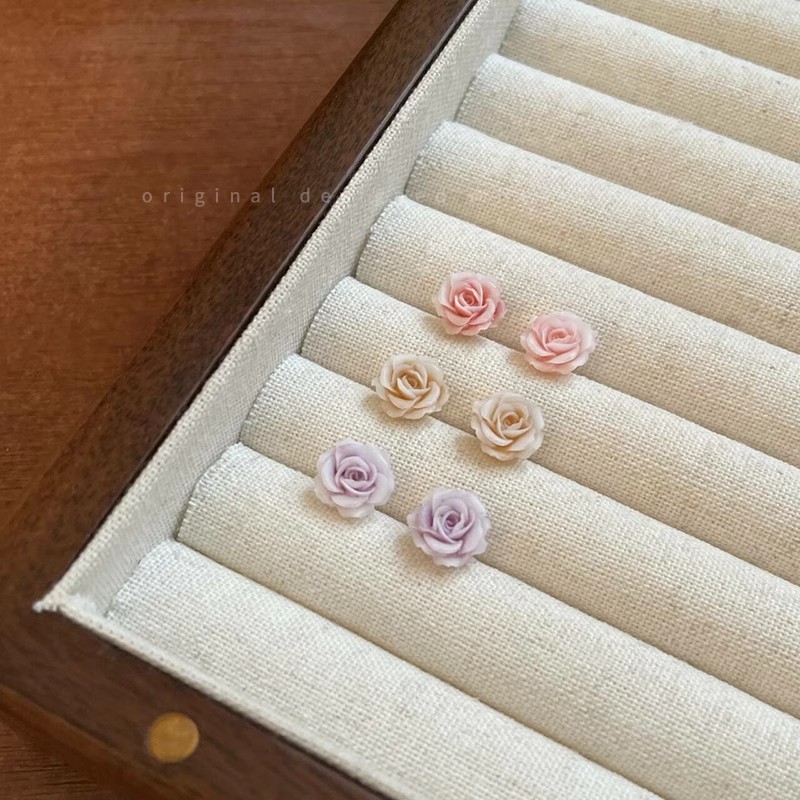 Pink rose flower silver needle stud earrings for women, simple, small and elegant, light luxury, niche and high-end design earrings details Picture
