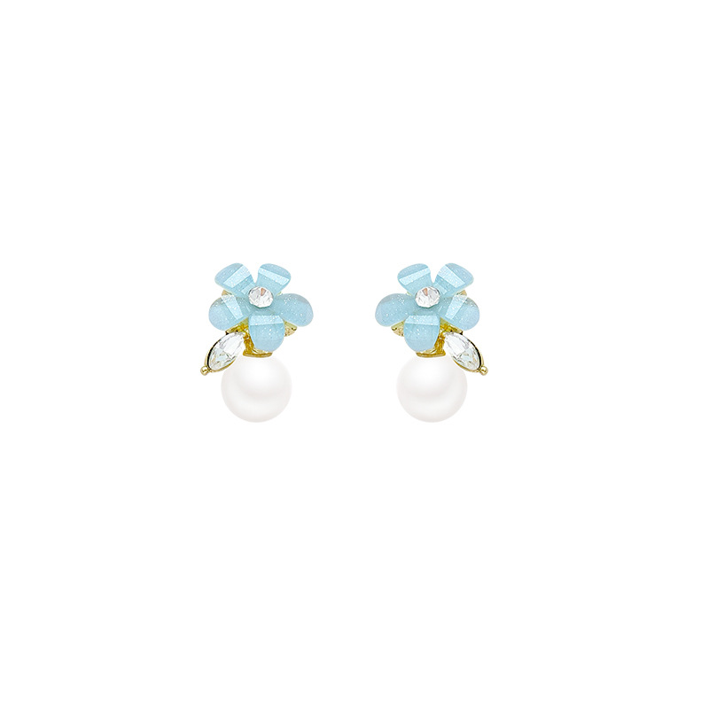s925 Silver Needle ice-transparent blue flower pearl stud earrings, elegant and light luxury earrings, fashionable and high-end earrings for women, trendy Item Picture