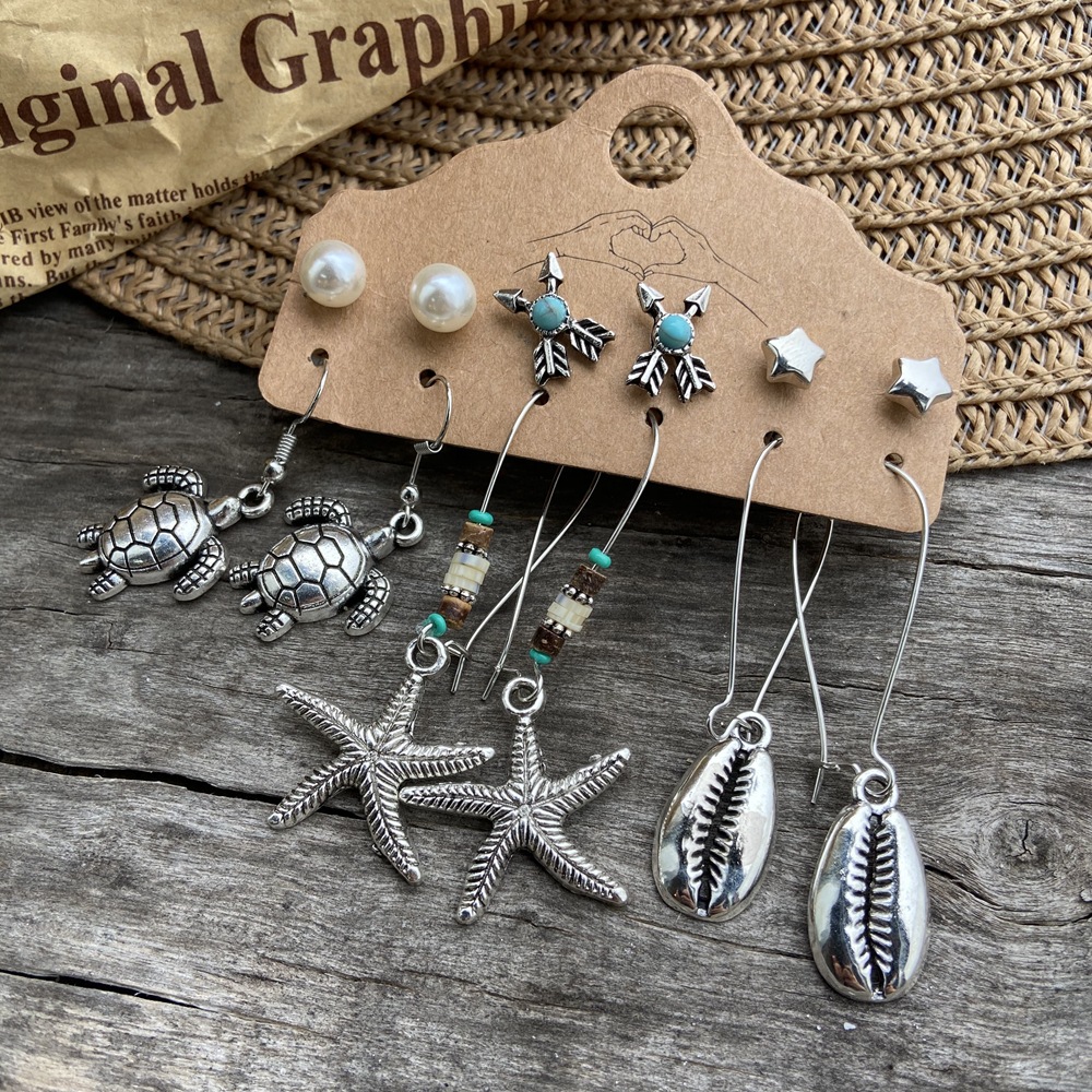 51598 Han Zhishang Cross-border Sun, Leaf and Moon Stud Earring Set 6 Pairs Creative Retro Hollowed-out Carved Earrings Application Scenario