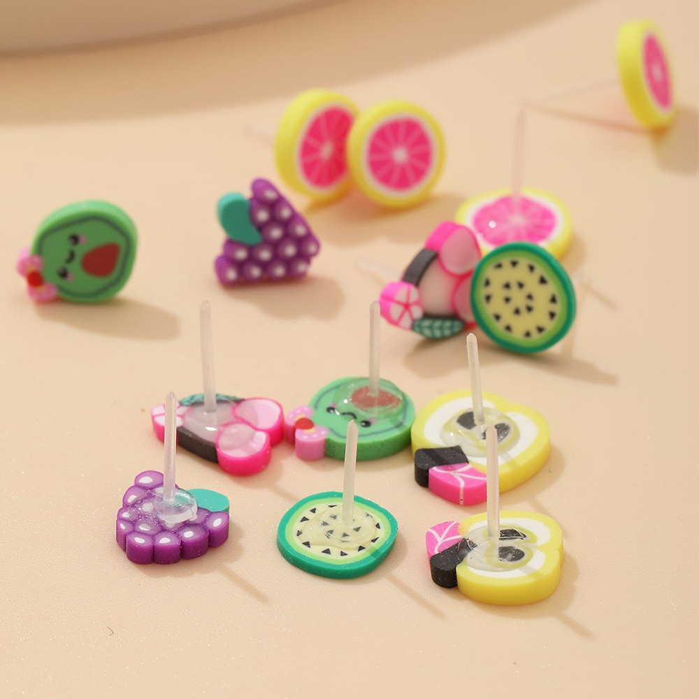 New European and American soft clay fruit stud earring set, 36 pairs of heart-shaped gift box, children's Korean version cute stud earrings Specification drawing