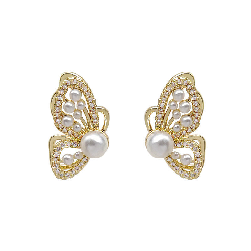 S925 Silver Needle French pearl Stud women's Niche light Luxury retro earrings Butterfly Diamond Stud women's earrings wholesale Item Picture