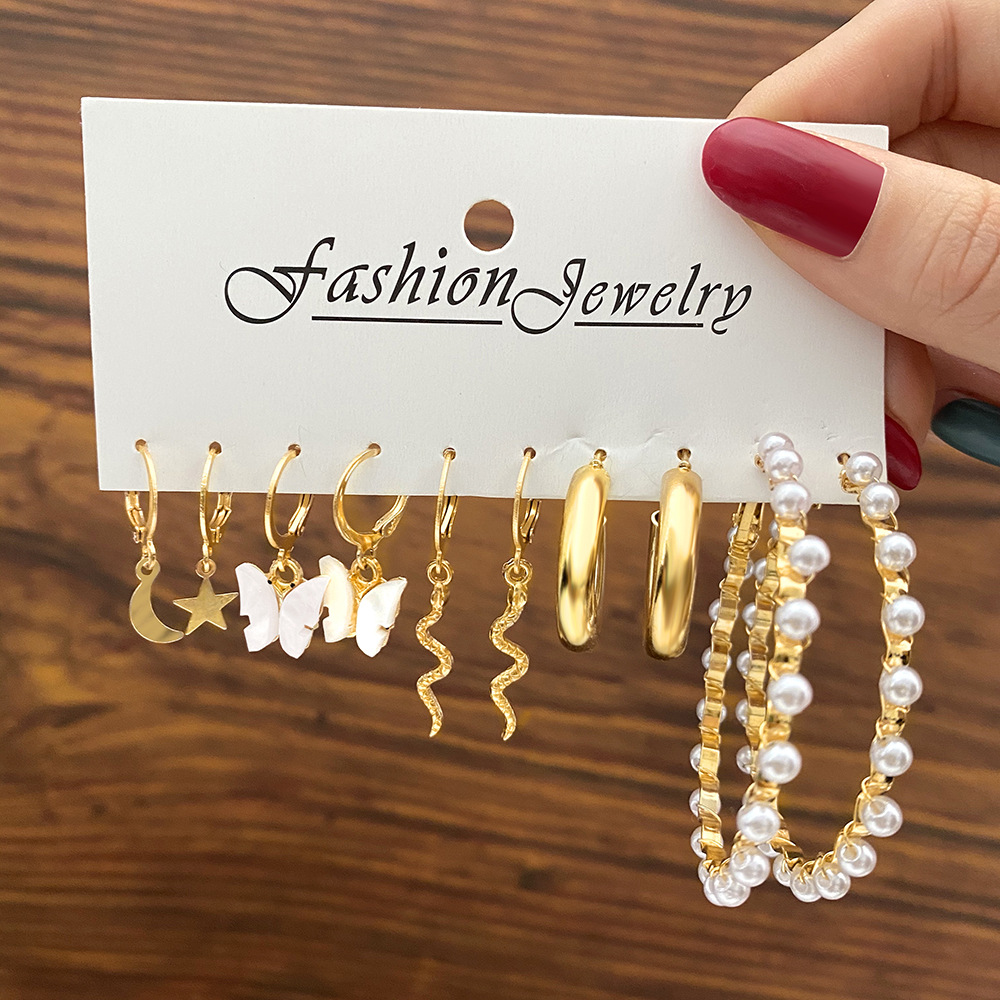 New cross-border independent station Star Moon Snake Earrings Set of 5 pairs, creative acrylic butterfly imitation pearl earrings full figure