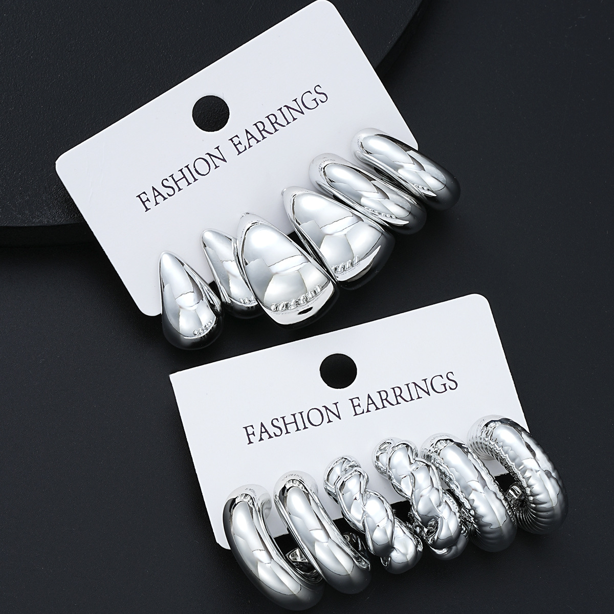 Wholesale of 6-piece cross-border geometric cold style CCB twist water drop earrings, a fashionable and creative card set of earrings Specification drawing