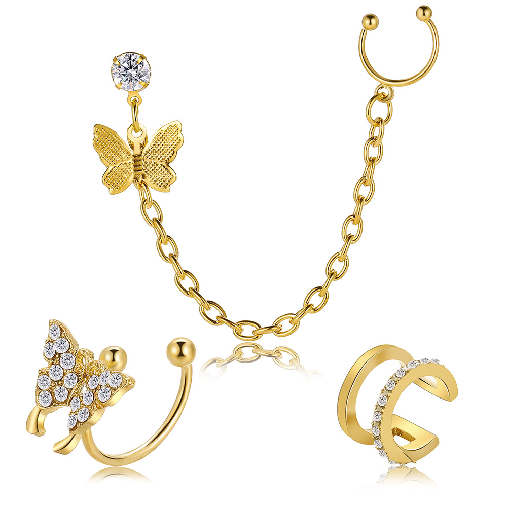 Wholesale of European and American earring sets with diamond butterfly ear clips insC type ear bone clips without ear holes and inlaid rhinestones Item Picture