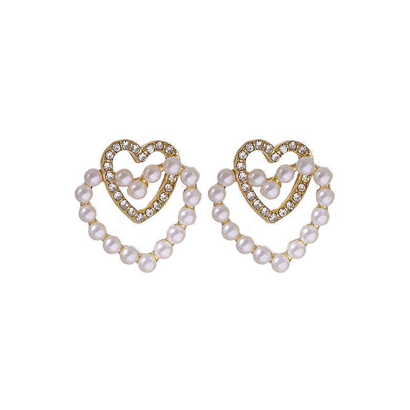 S925 Silver Needle Korean Double Heart Pearl Earrings, Little Chanel style, fashionable and internet-famous style earrings, stud earrings for women Item Picture