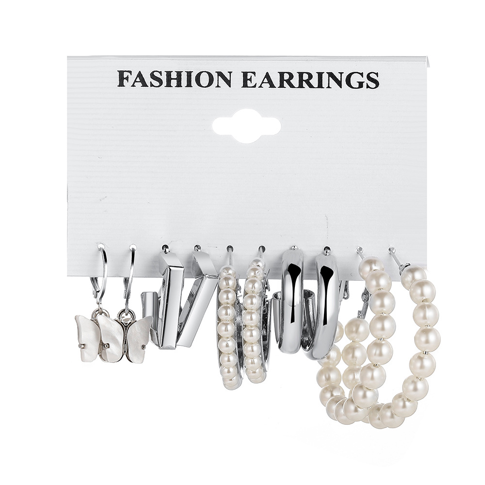 Wholesale of cross-border best-selling pearl-inlaid imitation earrings, creative retro acrylic butterfly ear ring set of 5 pieces Item Picture