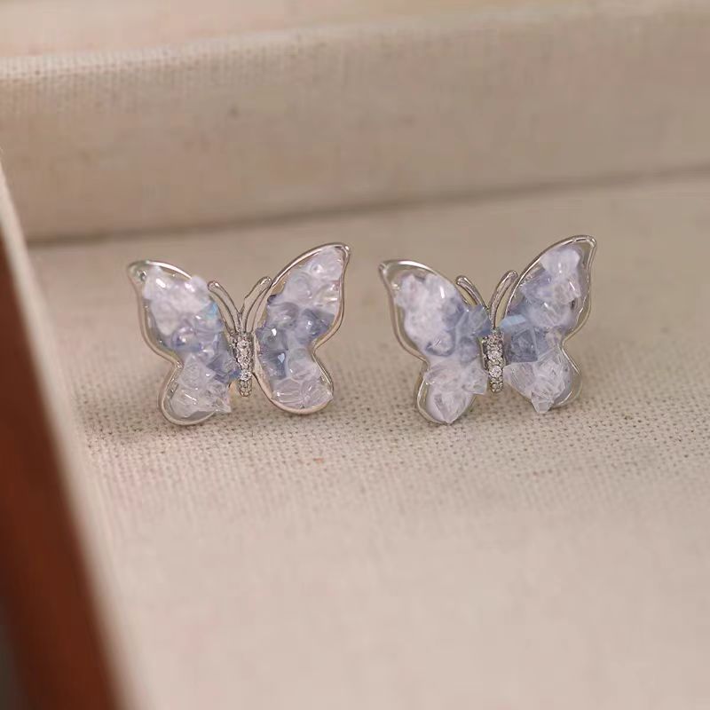 925 Silver Needle Blue Gradient Crystal Butterfly Earrings for women, fresh, sweet and exquisite stud earrings, light luxury and high-end earrings Specification drawing