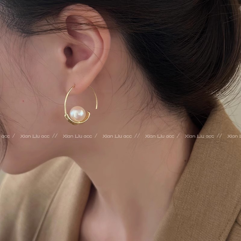 Suitable for round and square faces - Unique golden beaded ring earrings, women's spring and summer ear rings, high-end and versatile stud earrings details Picture