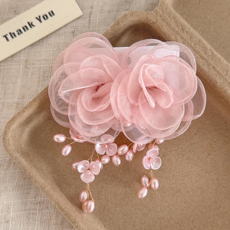 Pink mesh flower pearl tassel stud earrings, fashionable and sweet atmosphere earrings, light luxury and high-end earrings for women Application Scenario