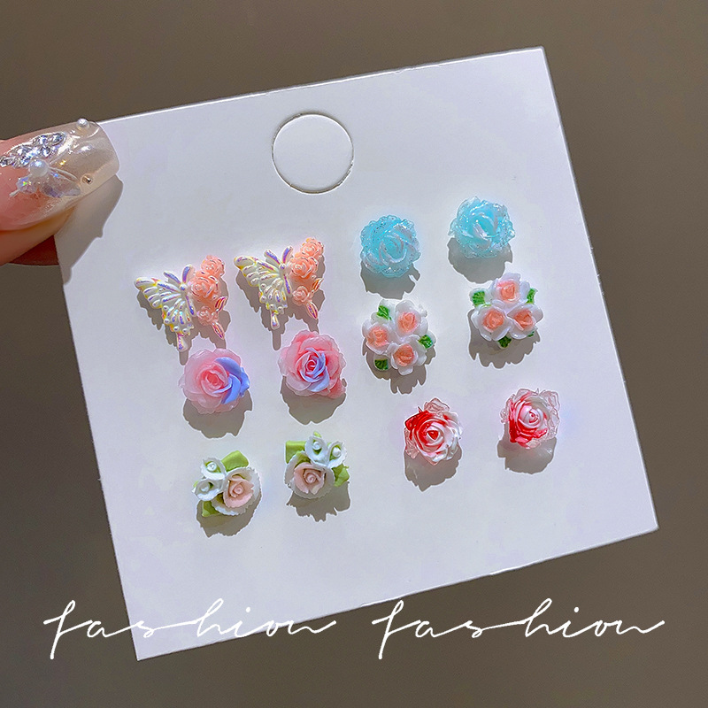 Spring/Summer 2025 new S925 silver needle stud earrings for women, colorful and fresh camellia flower earrings, resin butterfly earrings full figure