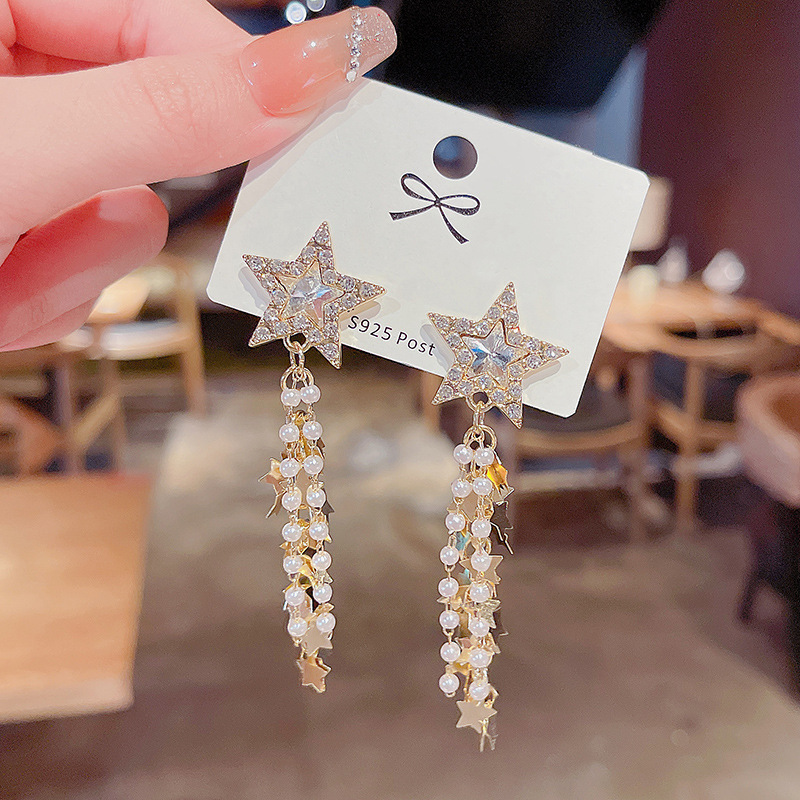 925 Silver Needle Super Sparkling Five-pointed Star Earrings, versatile for women, tassel pearl earrings, Korean style, trendy earrings Specification drawing