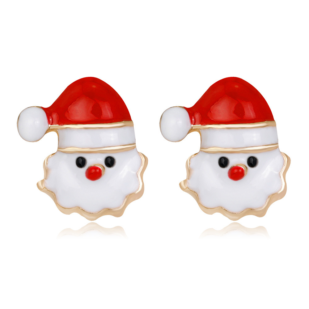S925 silver needle Christmas stud earrings in stock wholesale, European and American fashionable, individual and cute alloy painting oil Santa Claus earrings full figure