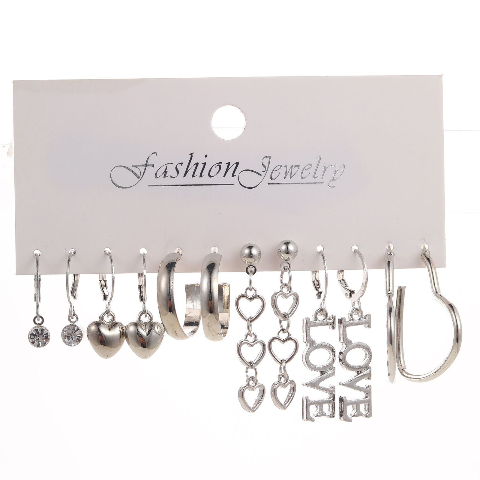 Wholesale of new cross-border silver heart-shaped earrings, creative and simple English letter "love" earring set of 6 pieces Item Picture
