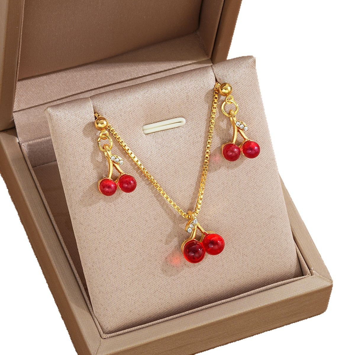 New cross-border best-selling, high-end, creative and cute cherry earrings and necklace set, light luxury and niche box chain accessories Item Picture