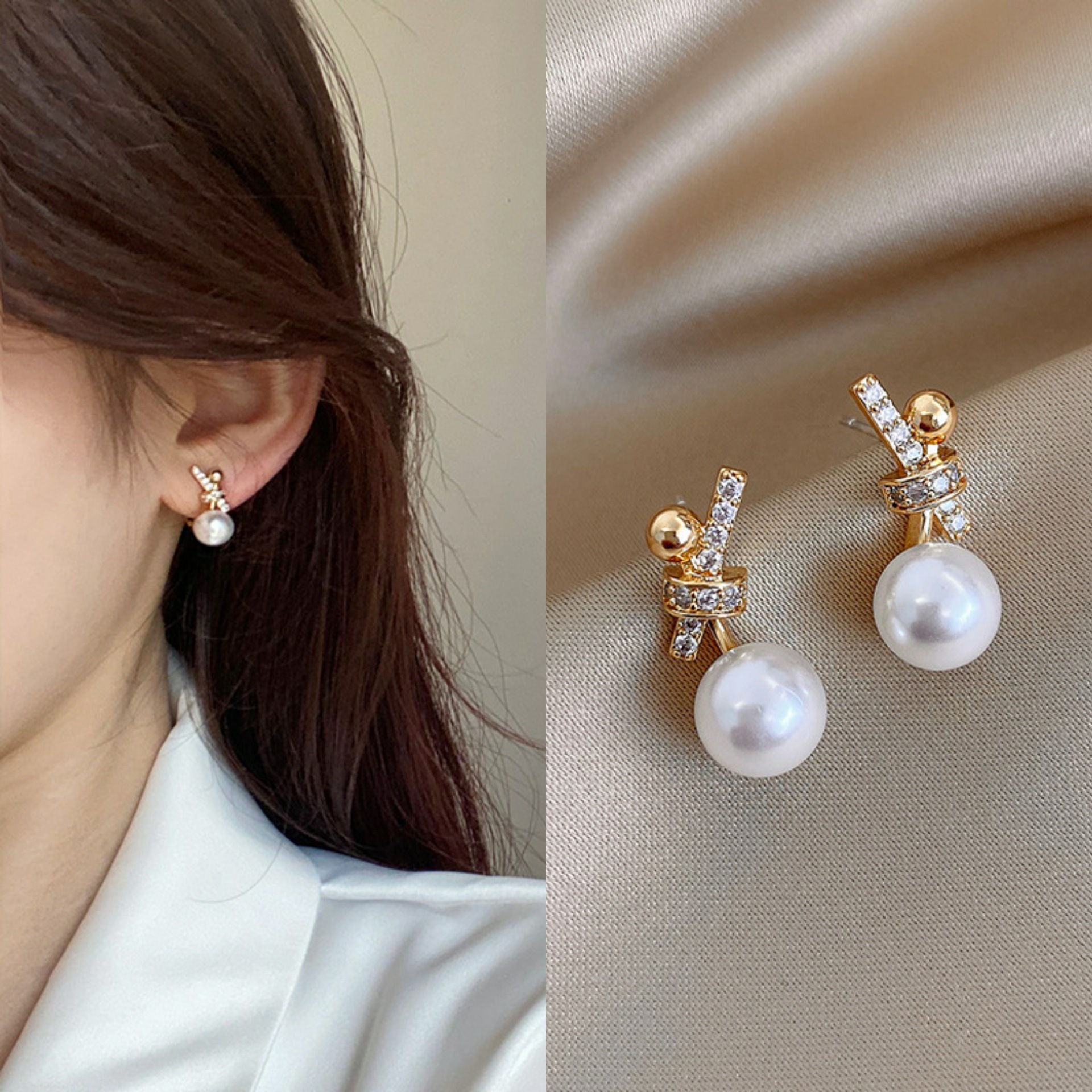 Korean Dongdaemun pearl stud earrings, simple and elegant bow earrings, women's retro design style earrings S925 silver needle full figure