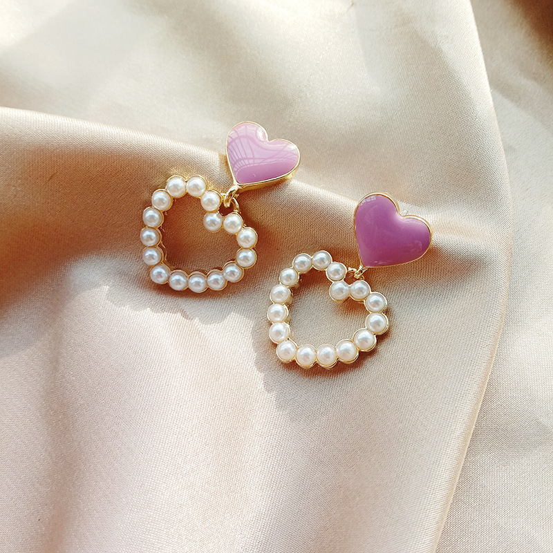 S925 Silver Needle Korean hollowed-out heart-shaped Pearl Sweet and elegant Oiled peach heart Stud earrings Fresh and cute heart-shaped pearl Specification drawing
