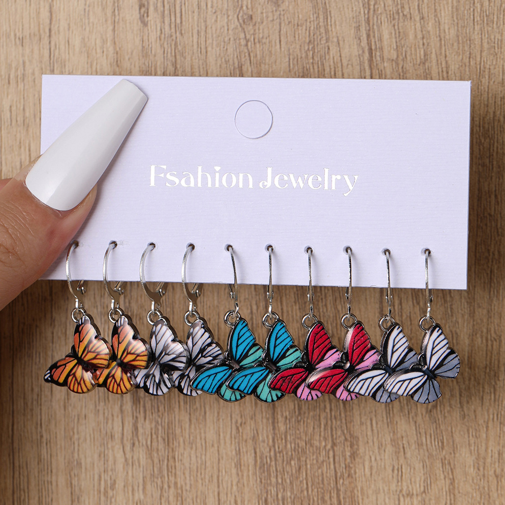 A creative and retro set of 5-piece European and American oil-dripping butterfly earrings is available for purchase full figure