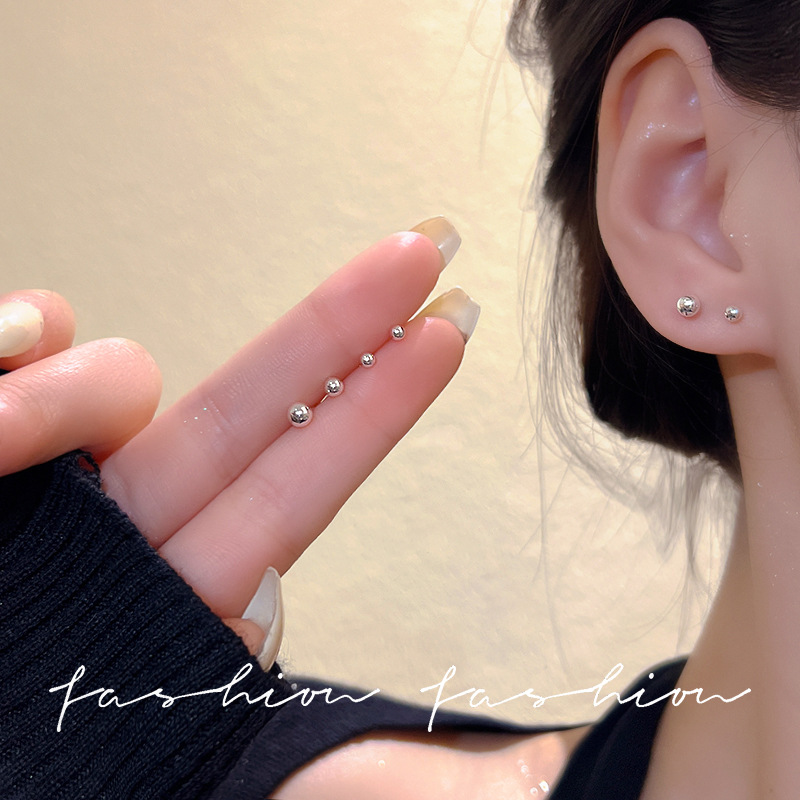 s925 Silver Needle Bean Stud Earrings for Women, Silver Bead round Ball earrings, simple ear sticks, small ear bone stud, ear piercing, trendy men details Picture