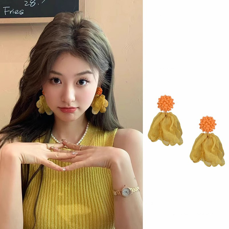 French yellow chiffon flower earrings, retro and ethereal, exaggerated stud earrings, vacation style, and niche design sense earrings full figure