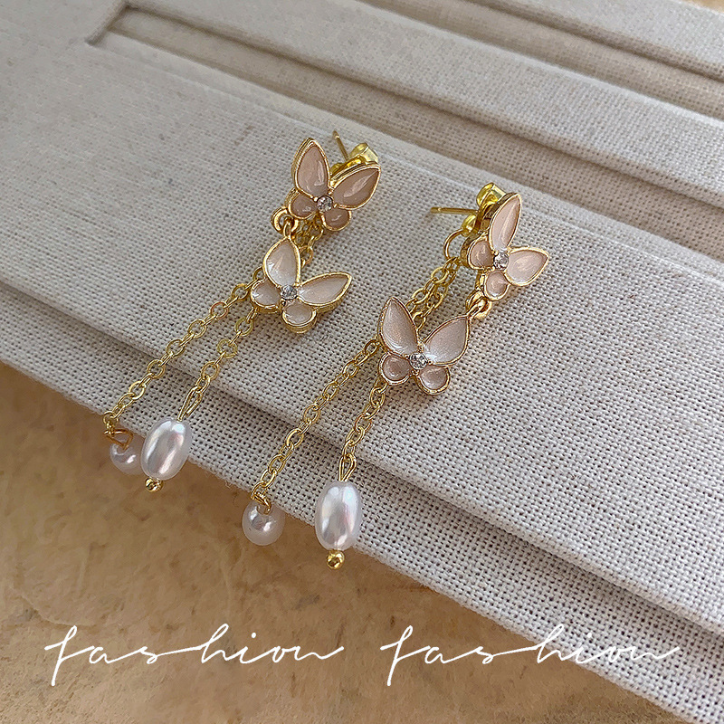 Pearl earrings, women's spring and summer butterfly long tassel earrings, niche high-end light luxury earrings, earrings, stud accessories Application Scenario