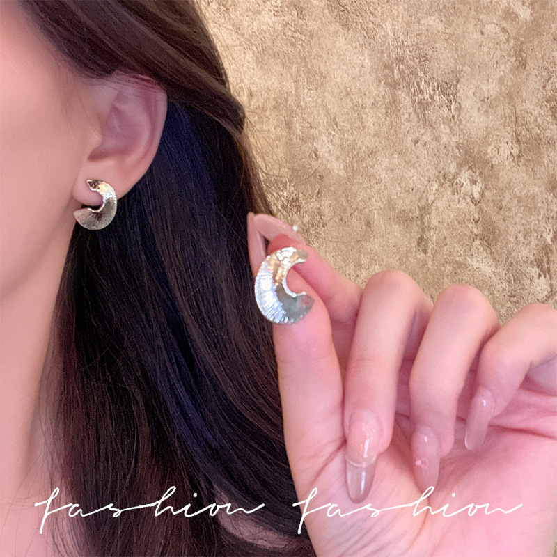 European and American exaggerated metal hammer pattern silver earrings for women, with a niche design sense, high-end cold style, individual temperament and trendy earrings details Picture