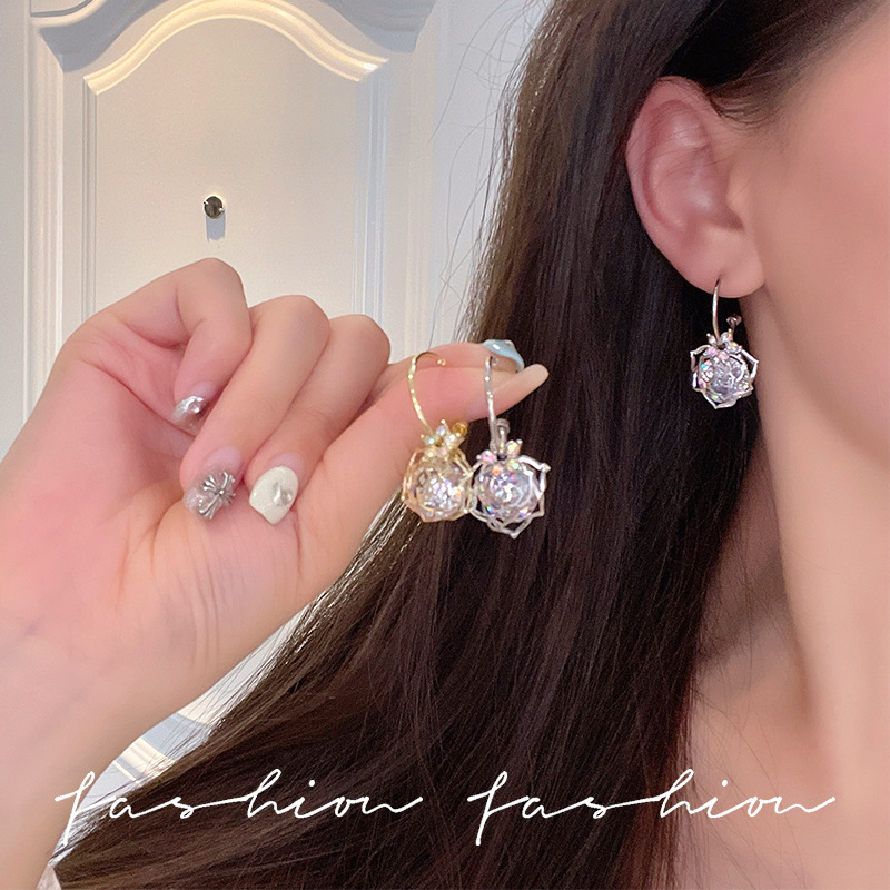 Hollowed-out rose ball earrings, long Instagram-style light luxury earrings, 2025 new trendy earrings that can make your face slimmer details Picture