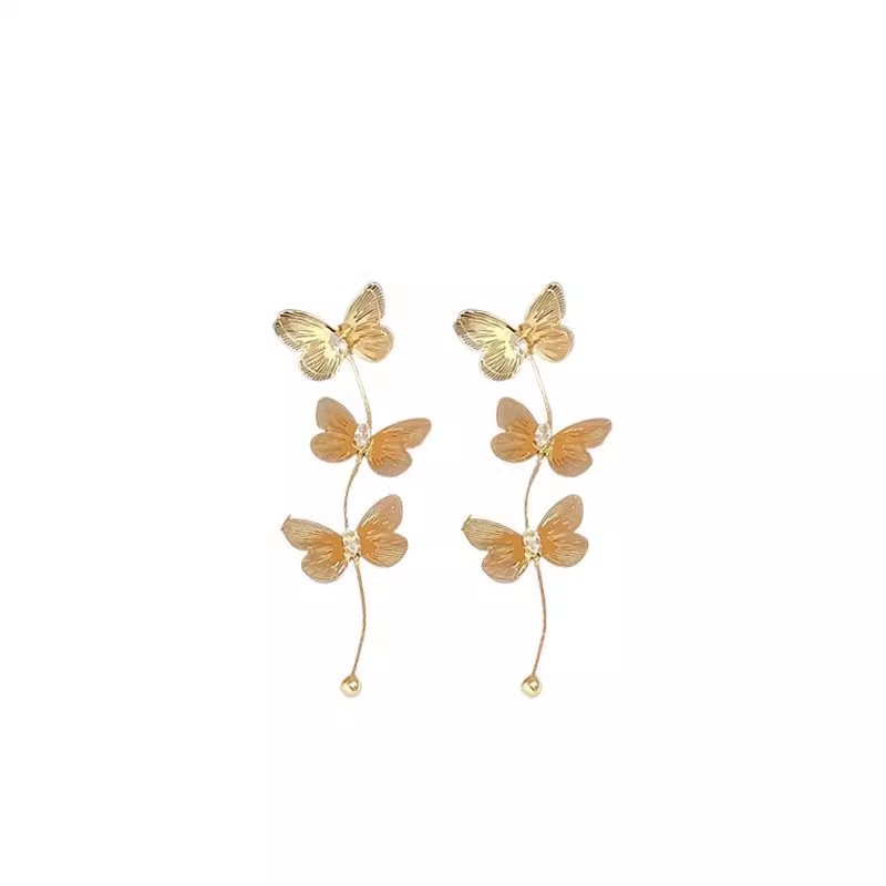 Retro golden butterfly tassel long stud earrings, high-end and fashionable earrings for women, elegant and stylish, round face earrings Item Picture