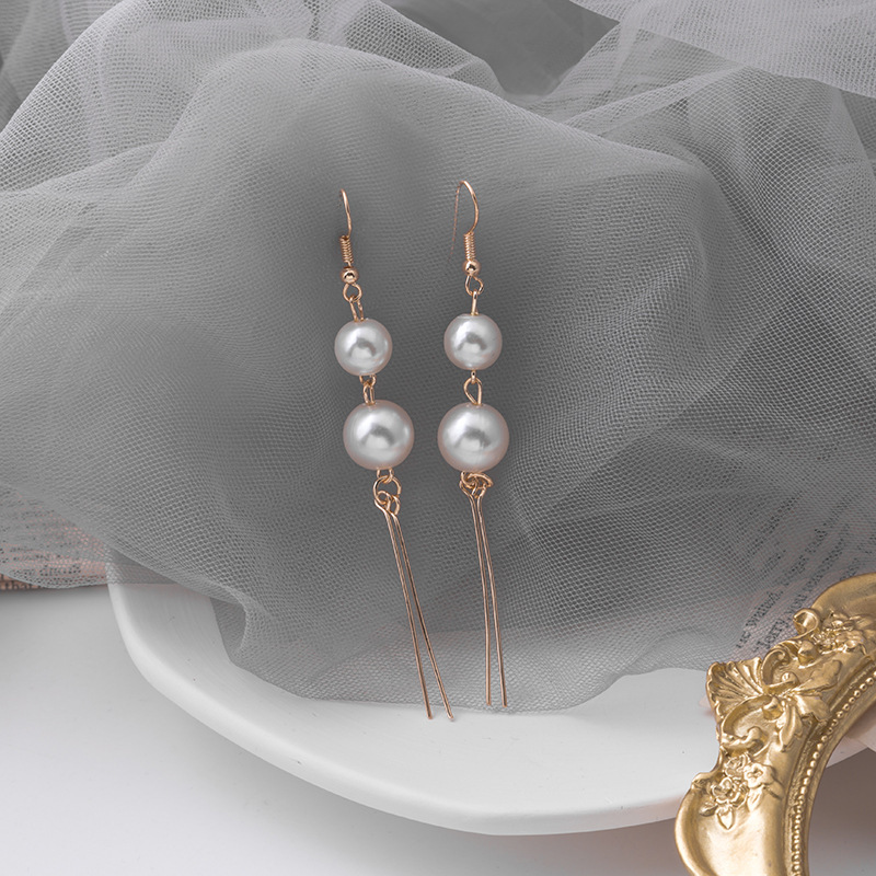 Dongdaemun's new trendy pearl long tassel earrings, ins round commuter size pearl earrings Specification drawing