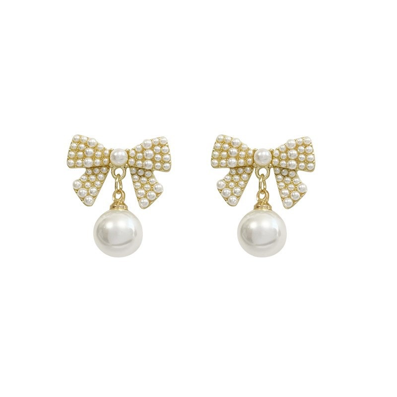 Pearl bow stud earrings S925 silver needle Korean version elegant and simple style exquisite earrings Item Picture