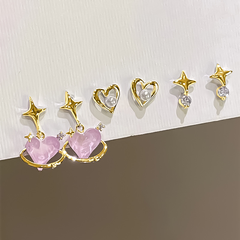 Cross-border bestseller, stylish and high-end pink heart-shaped star-tipped six-piece stud earrings, ins niche, simple and fashionable stud earrings Specification drawing