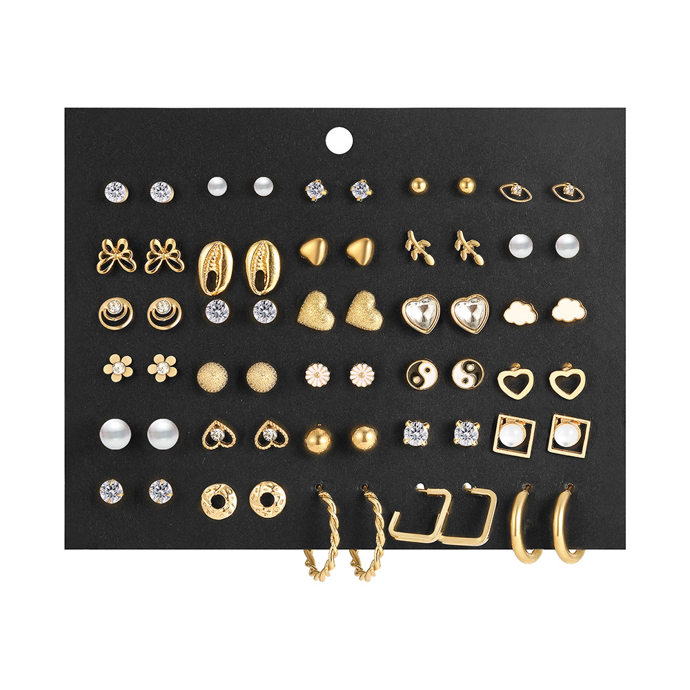 New heart-shaped floral rhinestone earring set, 30-piece European and American style simple and retro stud earrings wholesale Item Picture