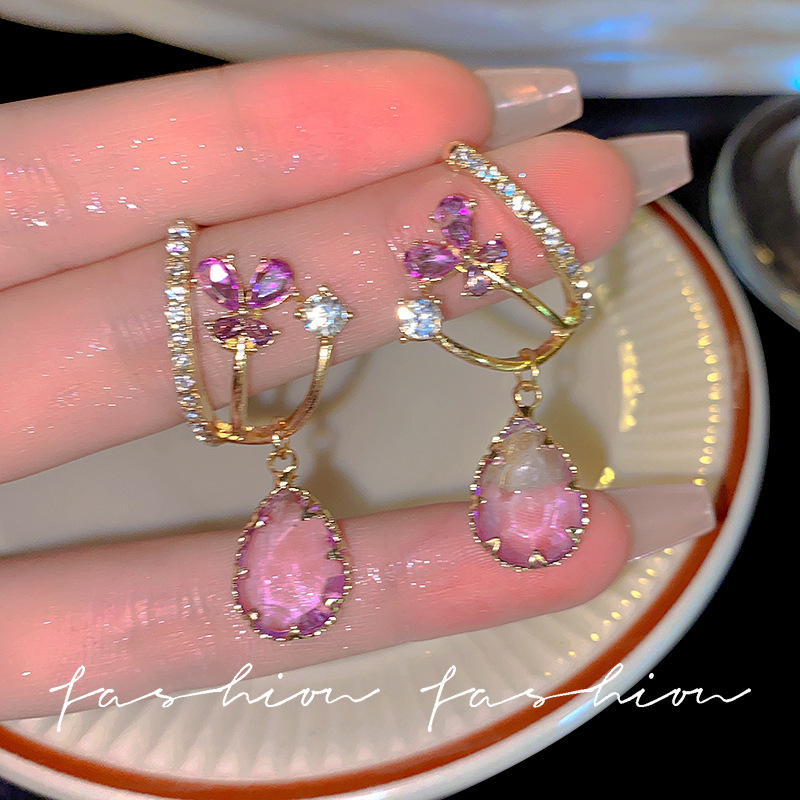 Purple zircon elegant stud earrings, light luxury, niche, exquisite and high-end, suitable for round faces, tassel slimming earrings for women Specification drawing