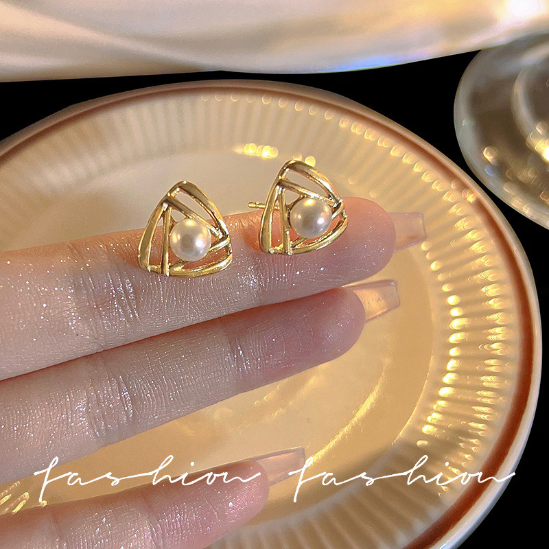 S925 Silver Needle New Korean ins style elegant pearl hollowed-out triangular geometric small and simple stud earrings details Picture