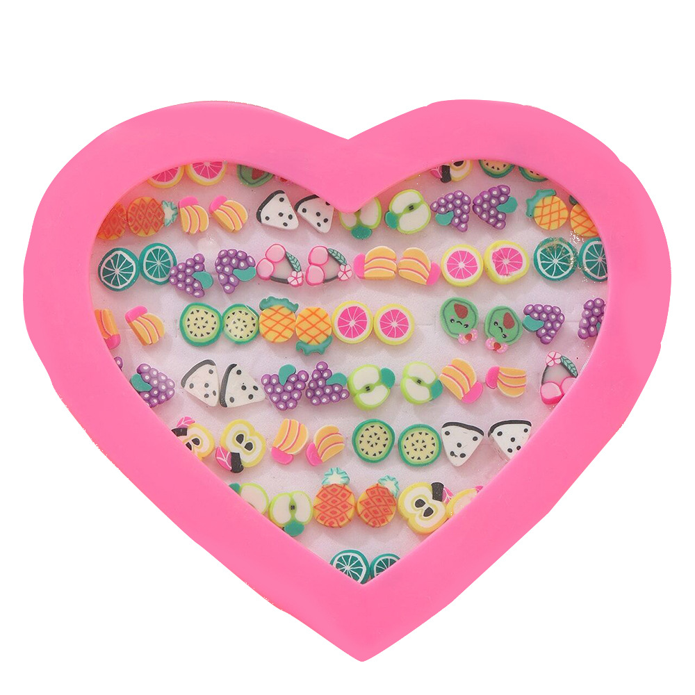 New European and American soft clay fruit stud earring set, 36 pairs of heart-shaped gift box, children's Korean version cute stud earrings Item Picture