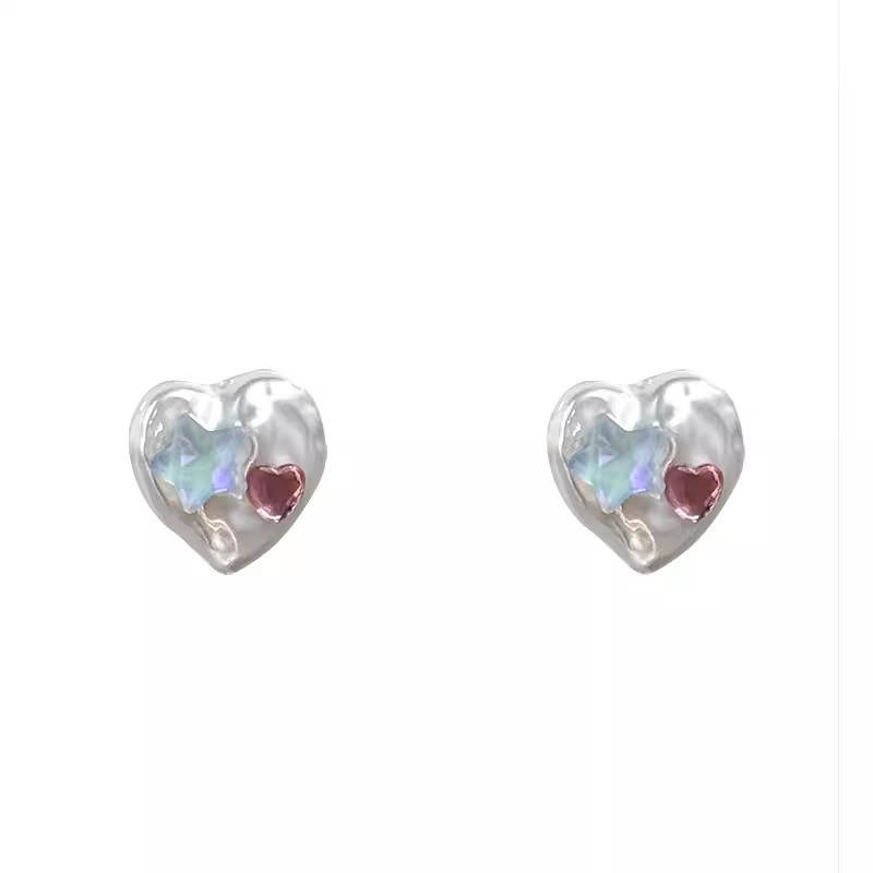Summer dopamine sweet colorful zircon heart-shaped star stud earrings, fashionable and elegant, versatile earrings, silver needle earrings Item Picture