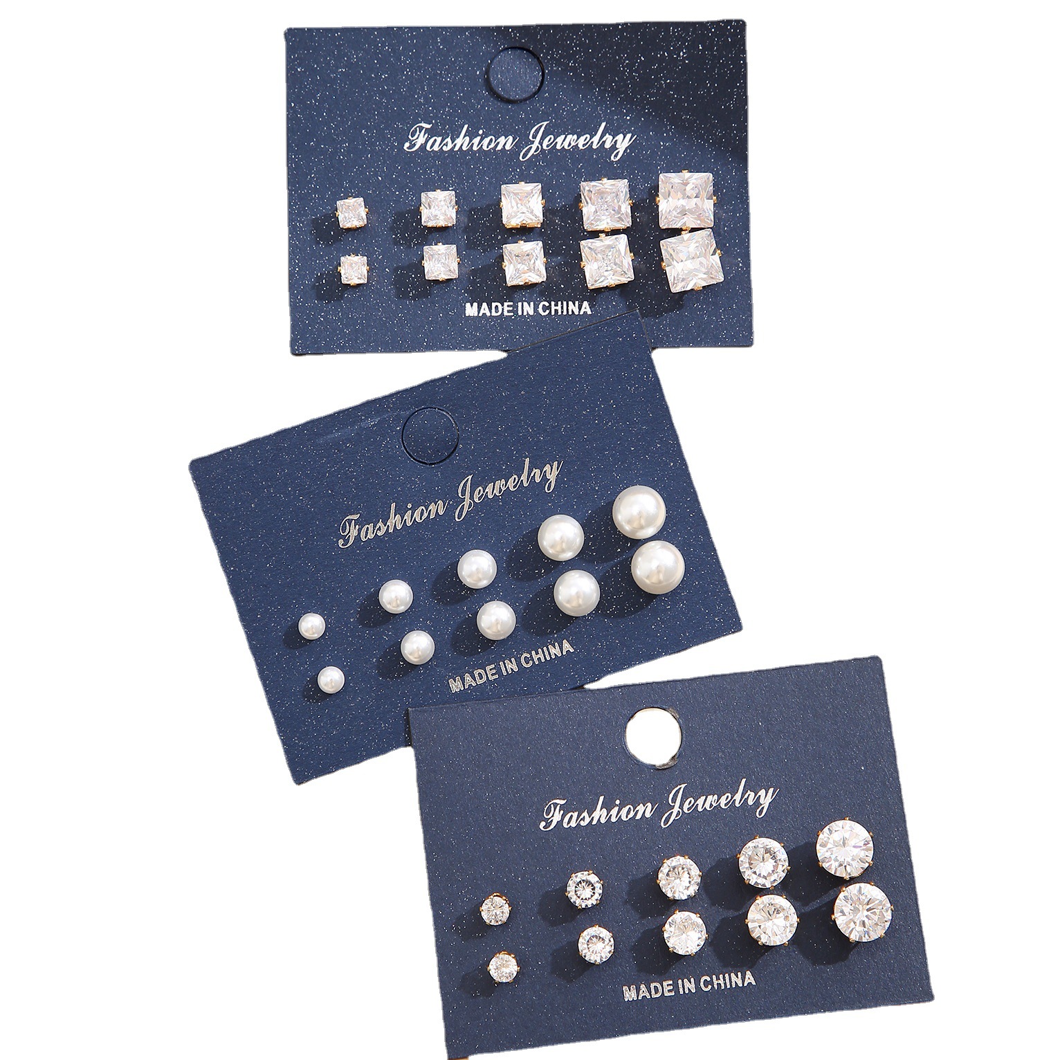 A set of 15 pairs of geometric six-pronged zircon stud earrings with a retro style and a pearl-like appearance, which are popular in European and American foreign trade Item Picture