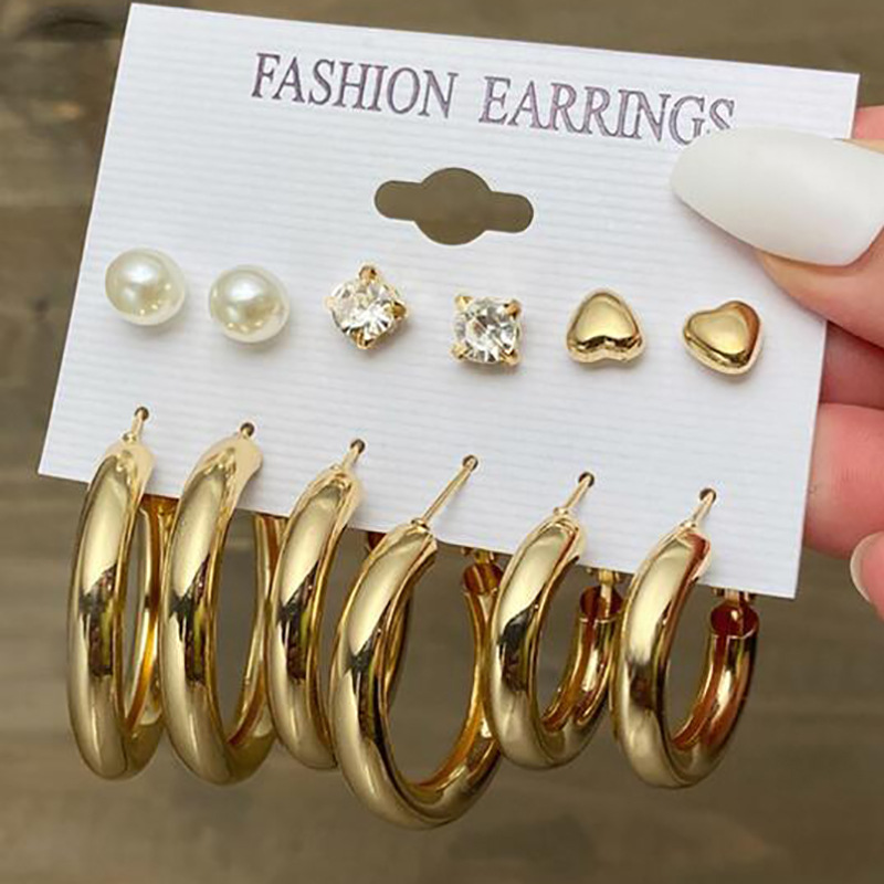 Wholesale of popular cross-border punk gold earrings from Europe and America, creative metal element C-shaped ear ring set of 6 pieces full figure