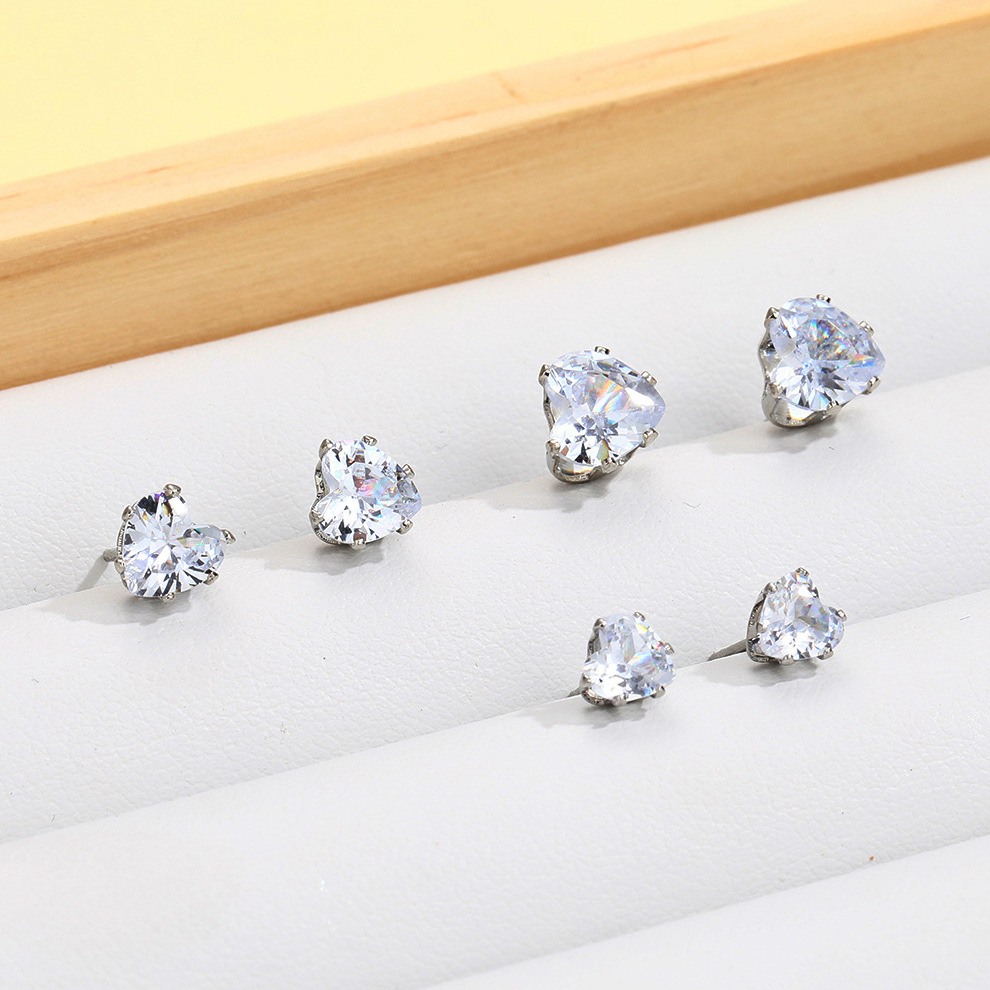 3 pairs of simple and elegant European and American cross-border water diamond stud earrings, super flash Zircon set, heart-shaped small stud earrings Specification drawing