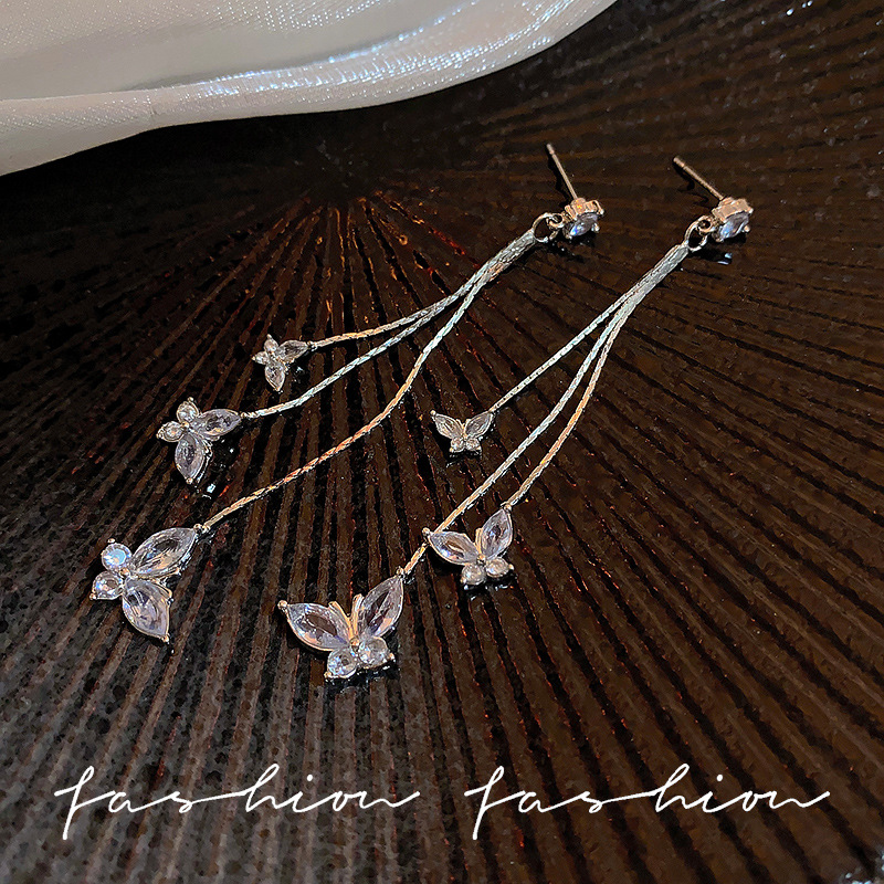 High-end, light luxury, super ethereal zircon butterfly earrings, 2025 new style, trendy, long tassel earrings for women Specification drawing