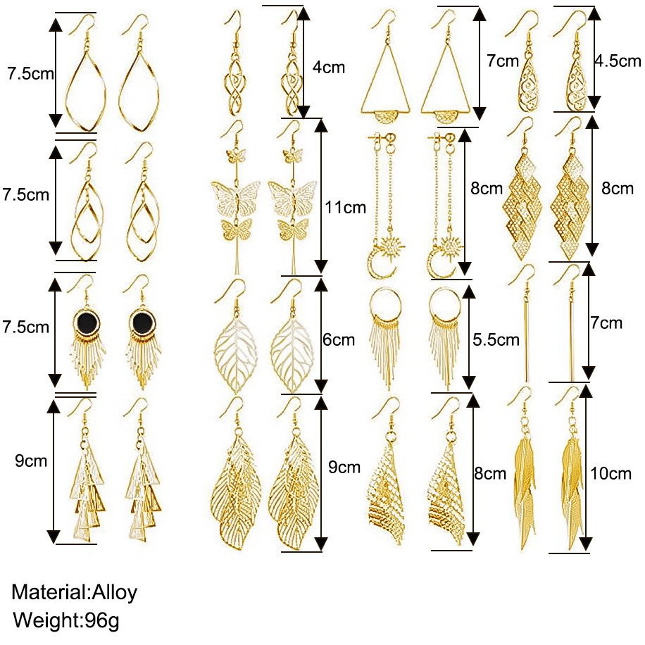 A 16-piece set of cross-border fashion retro leaf butterfly earrings with creative and personalized hollowed-out tassel stud earrings details Picture