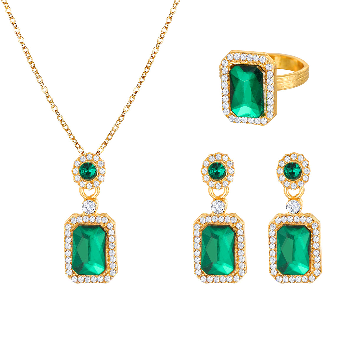 Cross-border European and American best-selling, niche, high-end design sense emerald gemstone, light luxury style stud ring necklace set full figure