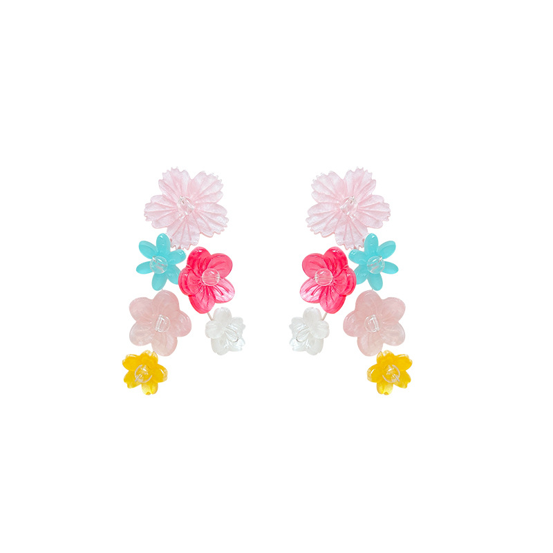 Dopamine flower stud earrings for women, unique, beautiful and sweet contrasting color earrings, light luxury color exaggerated forest-themed tassel earrings Item Picture