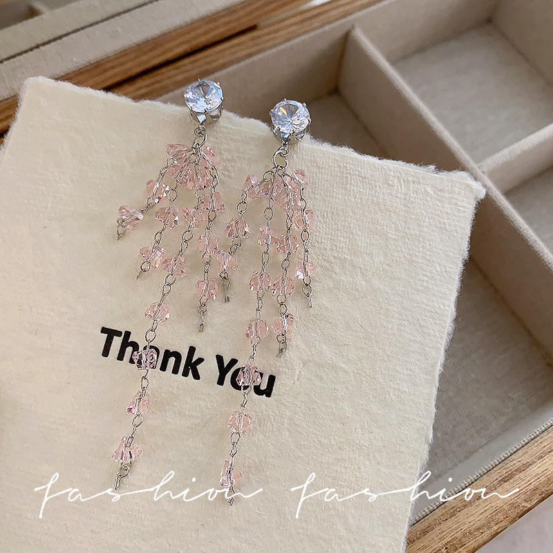 Long pink zircon tassel bow stud earrings for women, new spring and summer style, sweet and elegant, high-end and face-enhancing small earrings Application Scenario