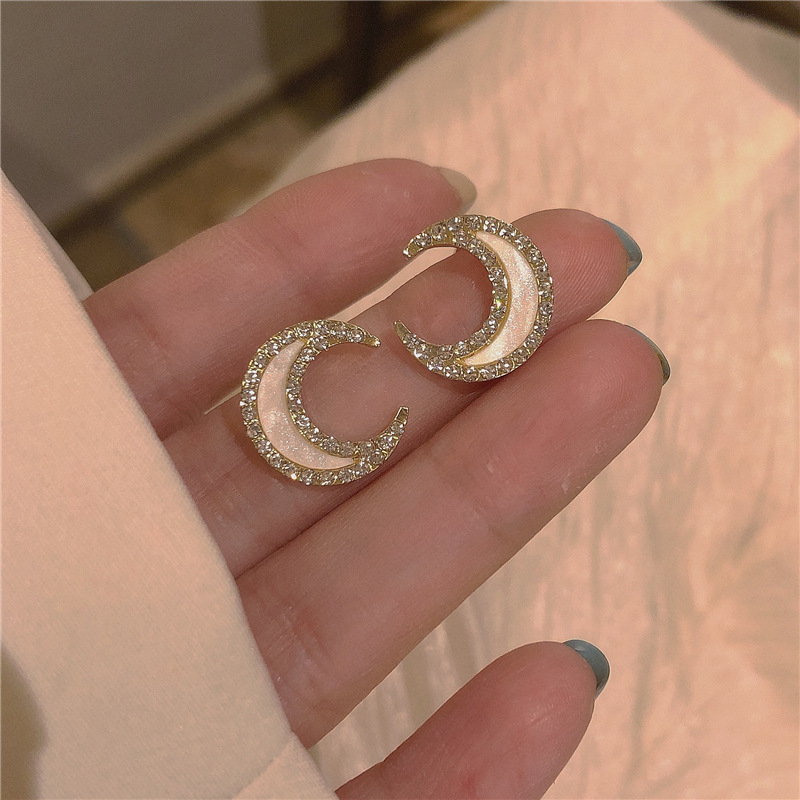 S925 Silver Needle Moon Stud earrings with diamonds, a light luxury and high-end look, a sweet and versatile Korean-style niche ear accessory for women full figure