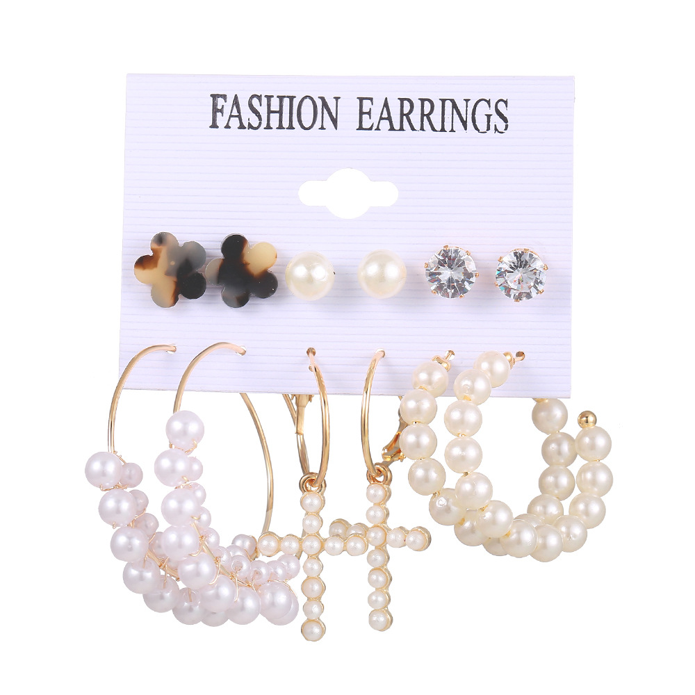 Cross-border European and American shopee AliExpress acrylic imitation pearl earrings, simple and retro ear ring set of 6 pairs Item Picture