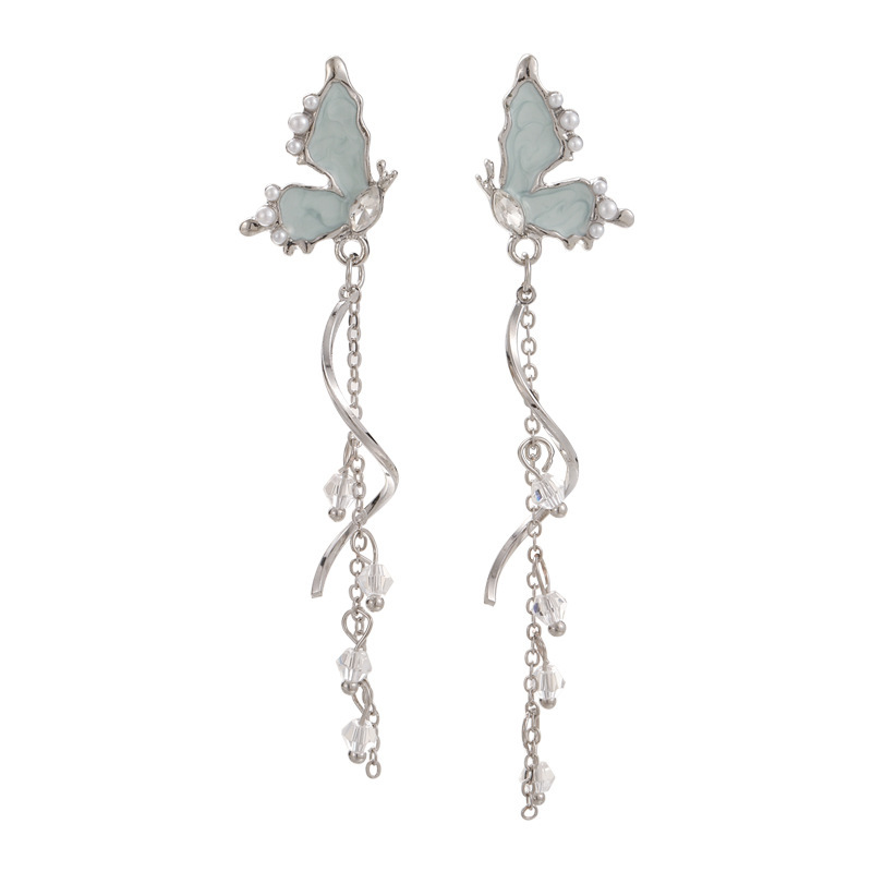 Unique butterfly pearl tassel long earrings, light luxury and niche stud earrings, high-end earrings for women, 925 silver needle wholesale Item Picture