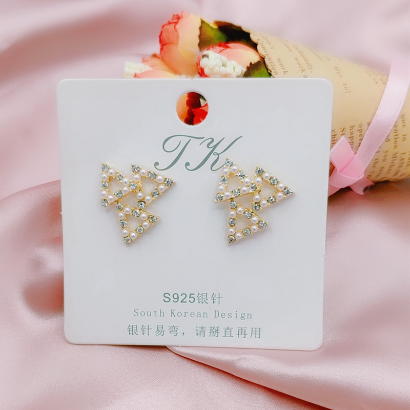 Factory direct sales s925 silver needle simple and elegant pearl stud earrings for women, small and personalized triangular stacked geometric earrings details Picture
