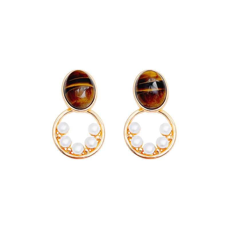 Maillard style tiger's Eye stone earrings, women's niche design sense, circle pearl earrings, stud earrings, best-selling earrings wholesale Item Picture